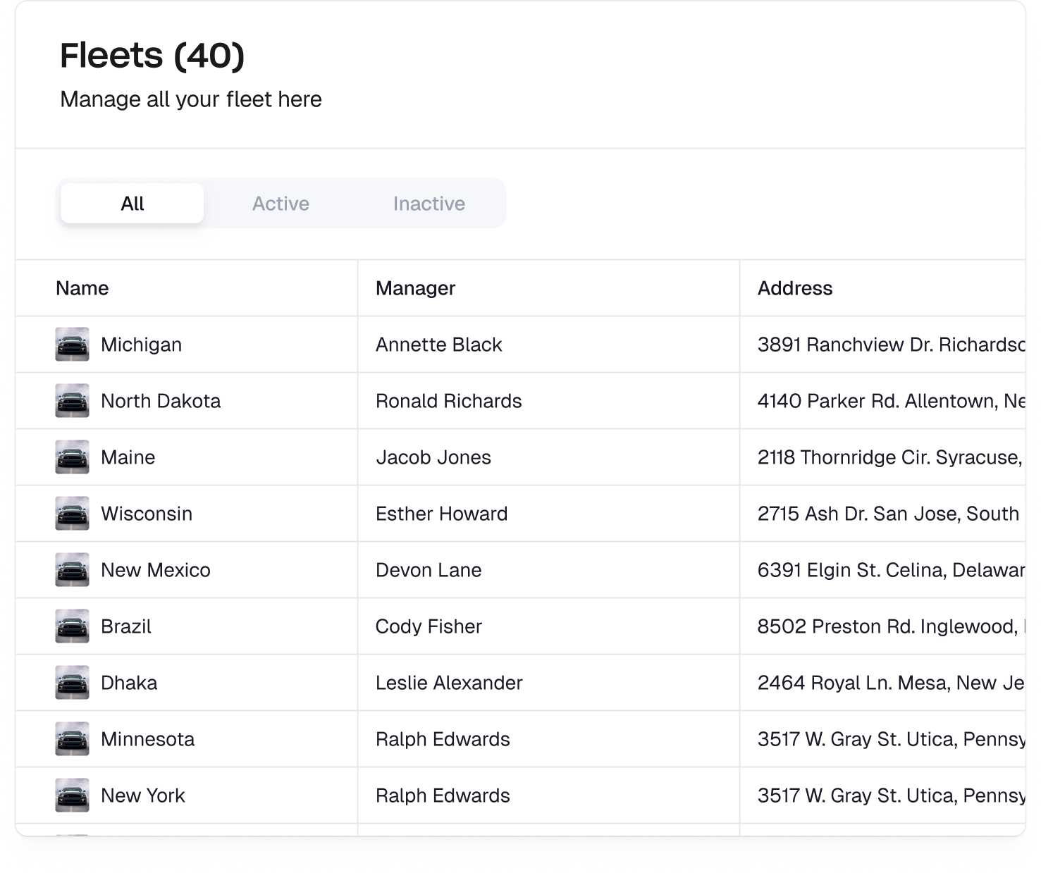 Roady fleets table listing vehicles with their status and details