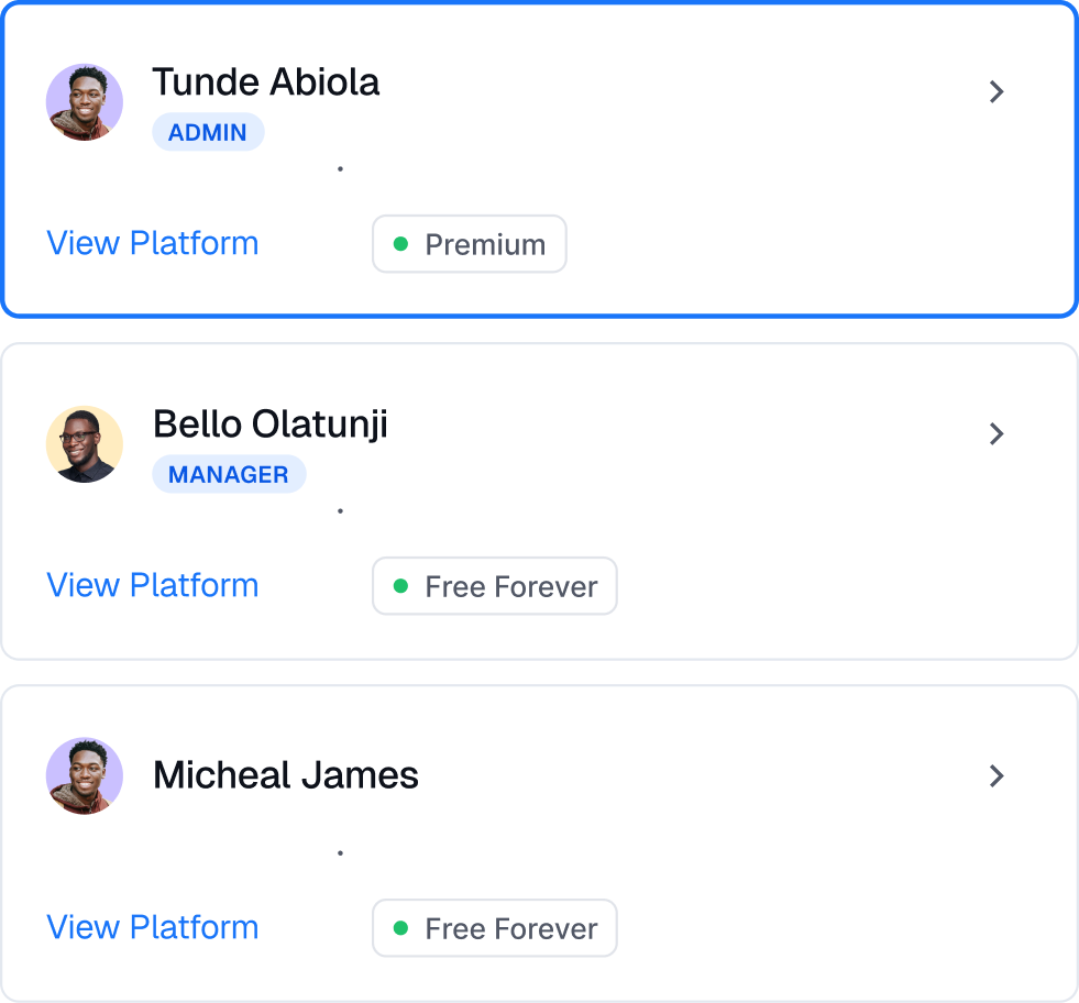Roady user profile cards showing assigned roles and permissions