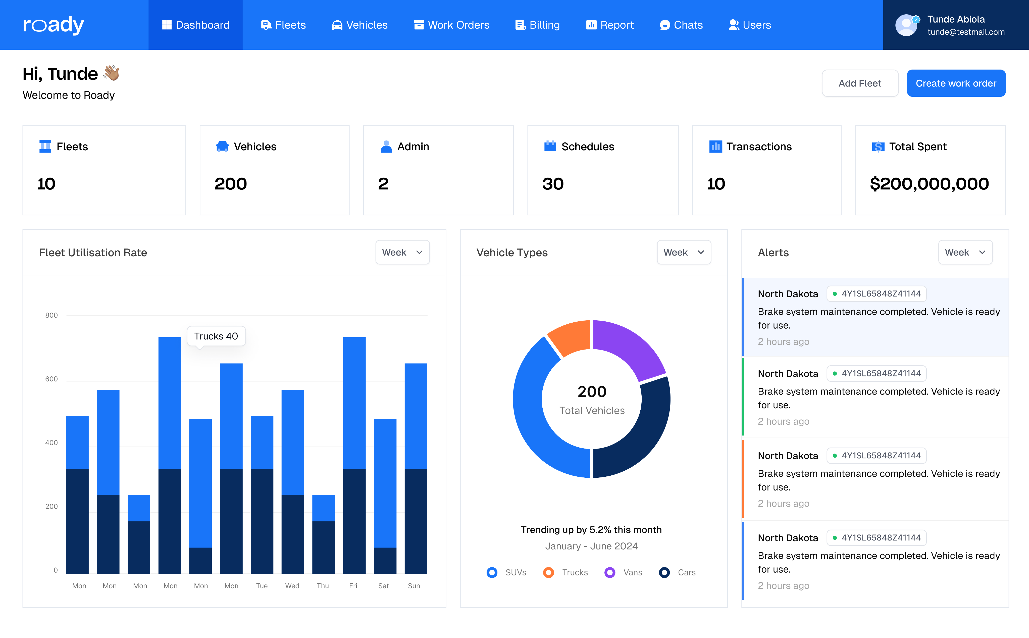 Roady dashboard preview showing fleet map, vehicle list, and activity feed